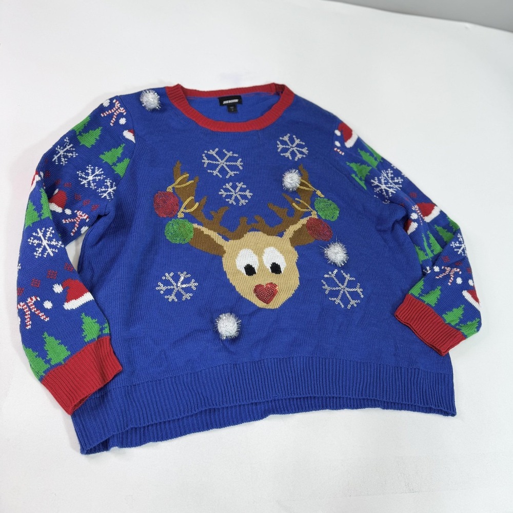 Joe Boxer Sweater Womens‎ 3X Blue Reindeer Christmas Ugly Pullover Holiday Fun